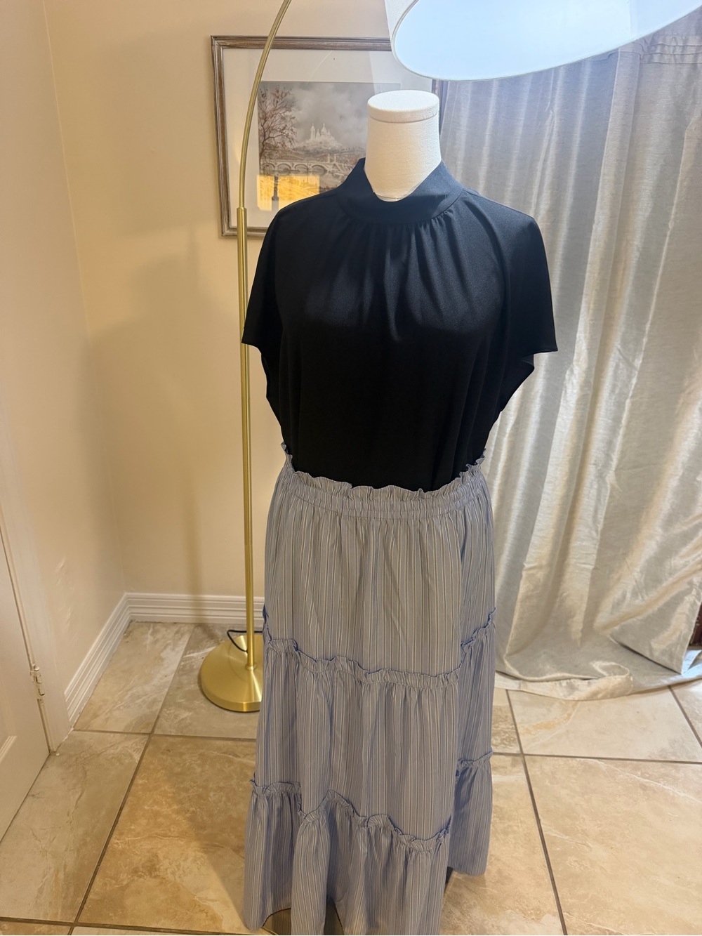 Tuckernuck Light Blue & White Striped Tiered Maxi Skirt